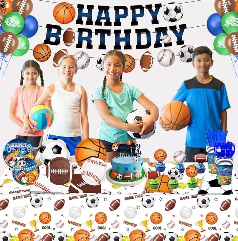 191 PCS Sports Birthday Party Decorations Includes Plates, Napkins, Cups, Knives, Forks, Banner, Cake & Cupcake Toppers, Sports Themed Party