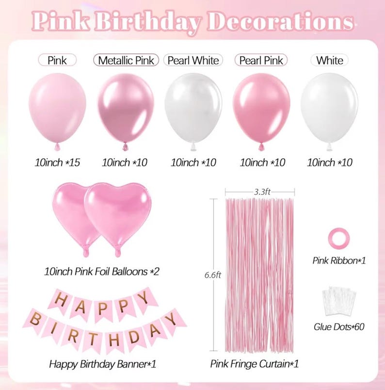 Pink Birthday Decorations with Pearl White Light Pearl Metallic Pink Foil Balloons Fringe Curtain Banner for Happy Birthday Decorations