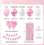 Pink Birthday Decorations with Pearl White Light Pearl Metallic Pink Foil Balloons Fringe Curtain Banner for Happy Birthday Decorations