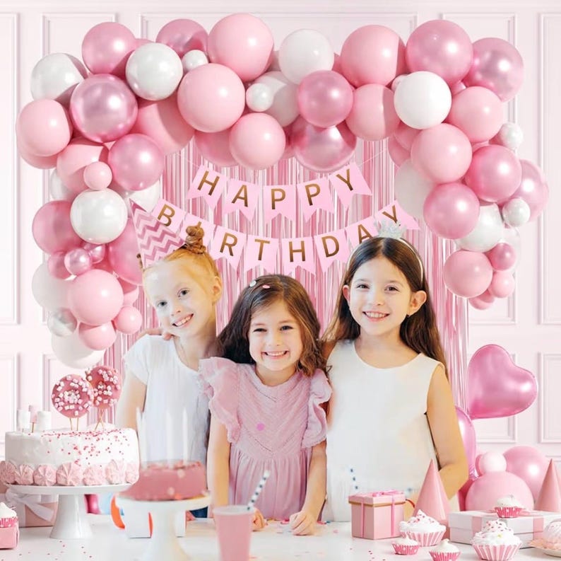 Pink Birthday Decorations with Pearl White Light Pearl Metallic Pink Foil Balloons Fringe Curtain Banner for Happy Birthday Decorations