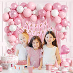 Pink Birthday Decorations with Pearl White Light Pearl Metallic Pink Foil Balloons Fringe Curtain Banner for Happy Birthday Decorations