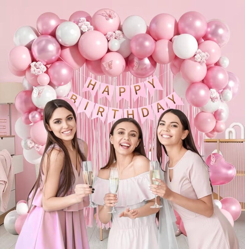 Pink Birthday Decorations with Pearl White Light Pearl Metallic Pink Foil Balloons Fringe Curtain Banner for Happy Birthday Decorations