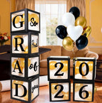 Graduation Decorations 2026 Black and Gold Balloon Boxes with Letters , Large Class of 2026 Backdrop Banner , 70pcs Balloon Garland Arch Kit