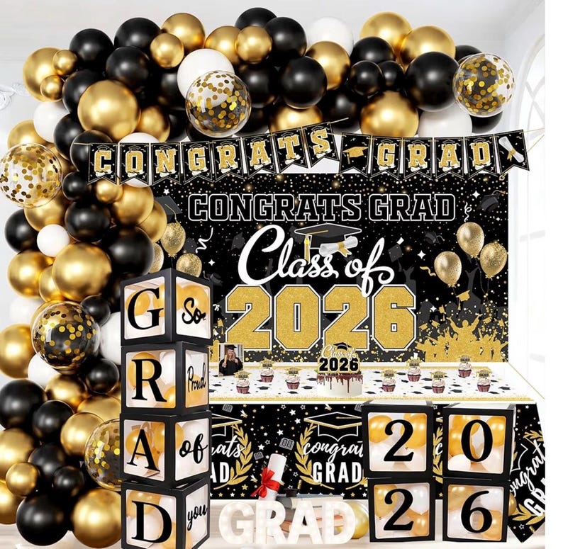 Graduation Decorations 2026 Black and Gold Balloon Boxes with Letters , Large Class of 2026 Backdrop Banner , 70pcs Balloon Garland Arch Kit