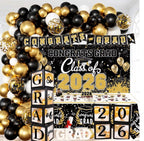 Graduation Decorations 2026 Black and Gold Balloon Boxes with Letters , Large Class of 2026 Backdrop Banner , 70pcs Balloon Garland Arch Kit