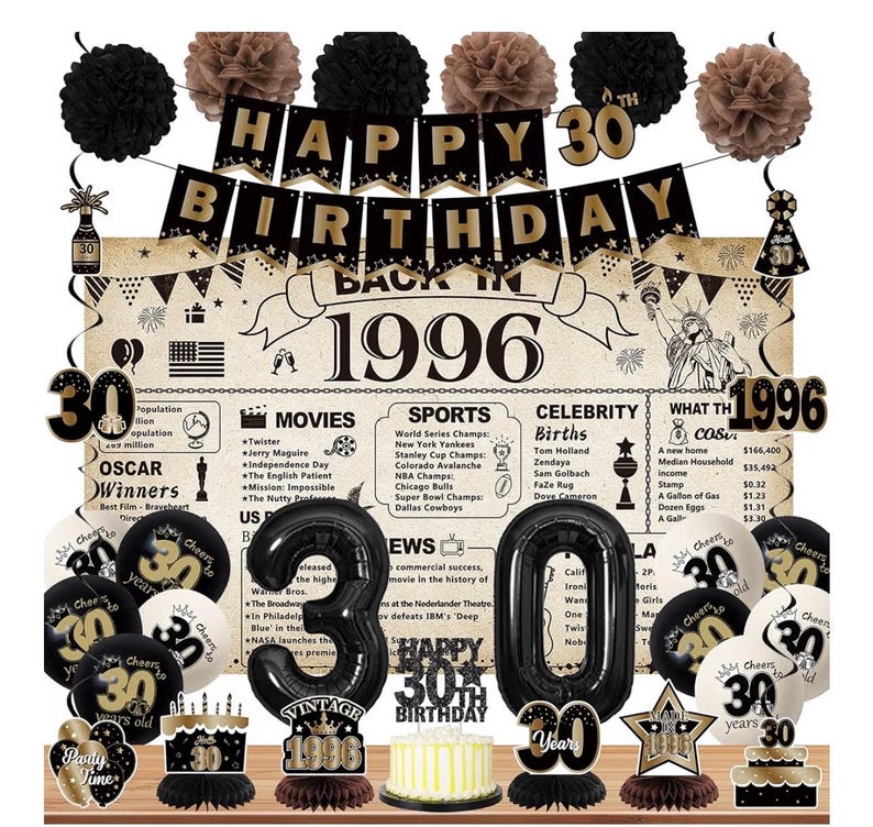30th Birthday Party Decorations for Men Women, Vintage Back in 1996 Banner, Black 30 Number Balloons & Cake Topper, Vintage 1996 30 Birthday