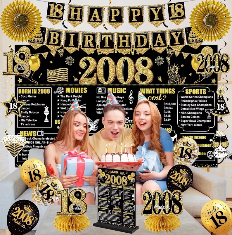 18th Birthday Decorations Kit for Boys Men, Black Gold 24PCS Back in 2008 Banner Decorations , Vintage 2008 Banner Wooden Table Sign Poster