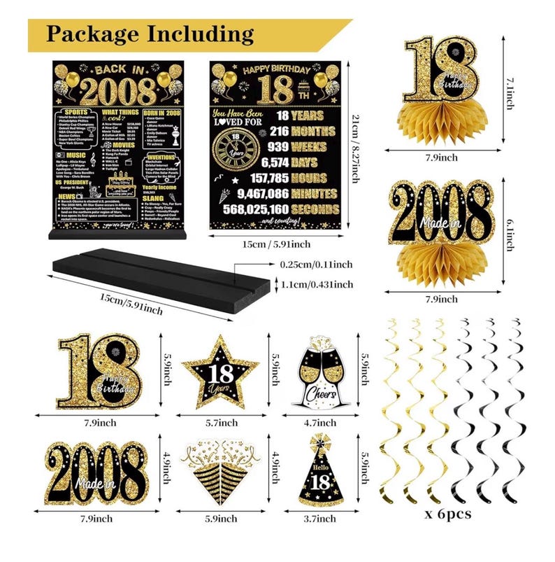 18th Birthday Decorations Kit for Boys Men, Black Gold 24PCS Back in 2008 Banner Decorations , Vintage 2008 Banner Wooden Table Sign Poster