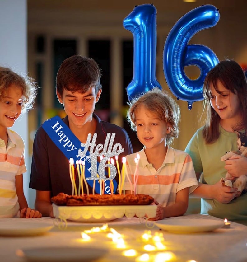 Blue 16th Birthday Decorations for Boys Girls - Back in 2010 Backdrop, Banner, Swirls, Centerpieces, Sash, Paper Pom Poms, Balloons for 16th
