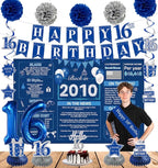 Blue 16th Birthday Decorations for Boys Girls - Back in 2010 Backdrop, Banner, Swirls, Centerpieces, Sash, Paper Pom Poms, Balloons for 16th