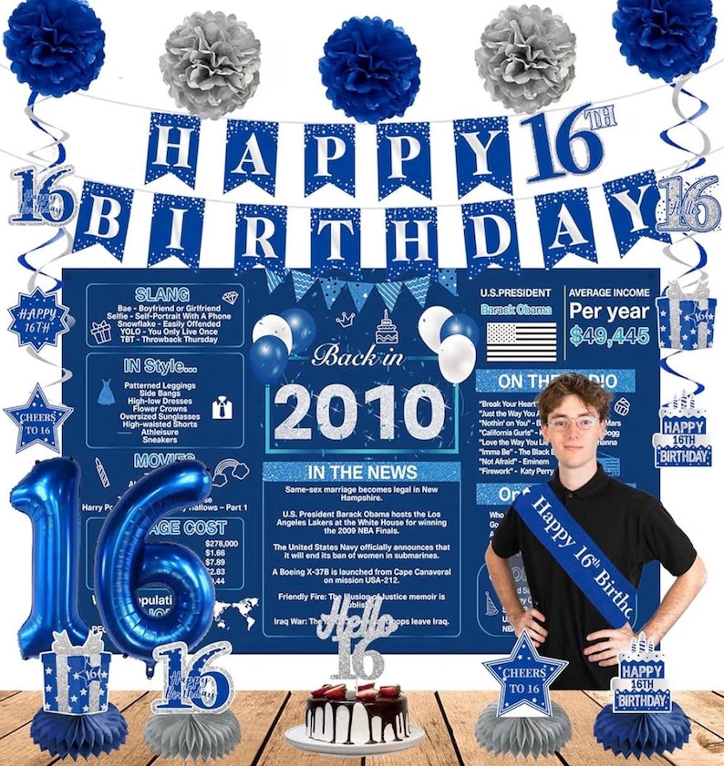 Blue 16th Birthday Decorations for Boys Girls - Back in 2010 Backdrop, Banner, Swirls, Centerpieces, Sash, Paper Pom Poms, Balloons for 16th