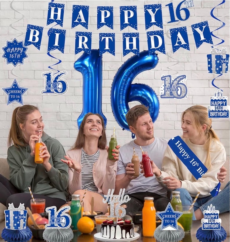Blue 16th Birthday Decorations for Boys Girls - Back in 2010 Backdrop, Banner, Swirls, Centerpieces, Sash, Paper Pom Poms, Balloons for 16th