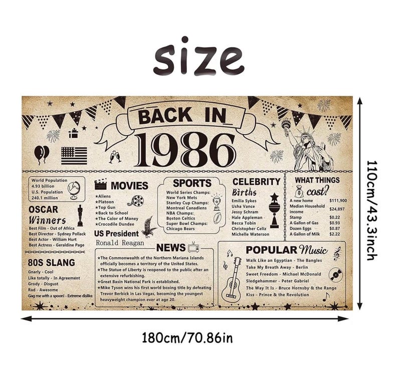 40th Birthday Party Decorations, Vintage Back in 1986 Banner 40 Year Old Birthday Party Poster Supplies Vintage 1986 Backdrop Photography