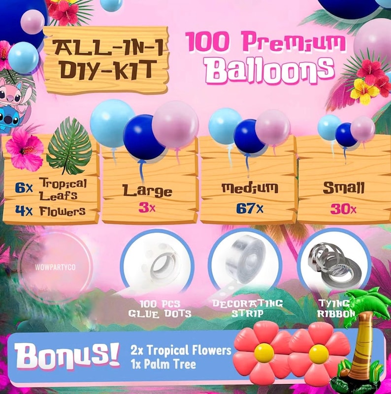 ALL-IN-1 Blue Alien Balloon Arch Kit with BONUS Palm Tree & Tropical Flowers for Cute Space Creature Theme Kids Birthday, Baby Showers