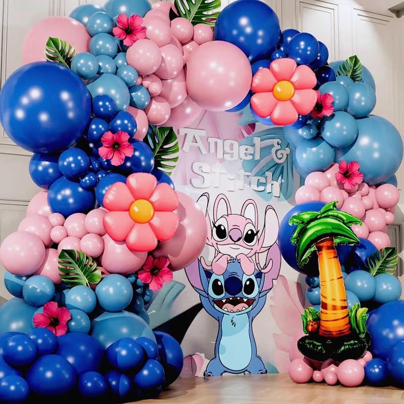 ALL-IN-1 Blue Alien Balloon Arch Kit with BONUS Palm Tree & Tropical Flowers for Cute Space Creature Theme Kids Birthday, Baby Showers