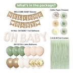 Party Sage Green Baby Shower Decorations for Baby, Green Balloons with WELCOME BABY Banner Fringe Curtains Foil Balloons Paper Flower