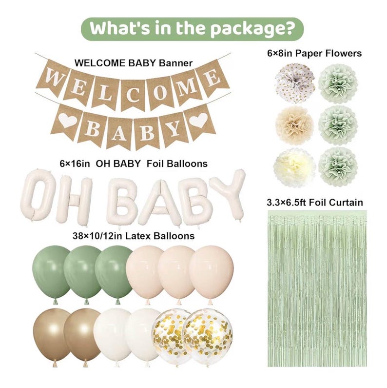 Party Sage Green Baby Shower Decorations for Baby, Green Balloons with WELCOME BABY Banner Fringe Curtains Foil Balloons Paper Flower