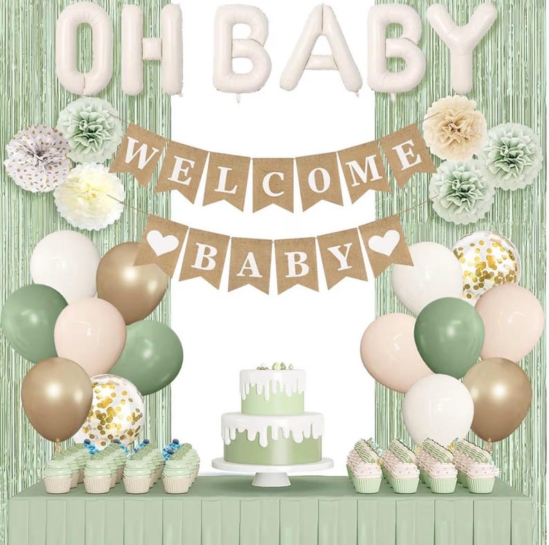 Party Sage Green Baby Shower Decorations for Baby, Green Balloons with WELCOME BABY Banner Fringe Curtains Foil Balloons Paper Flower