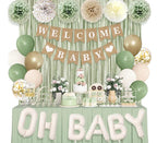 Party Sage Green Baby Shower Decorations for Baby, Green Balloons with WELCOME BABY Banner Fringe Curtains Foil Balloons Paper Flower