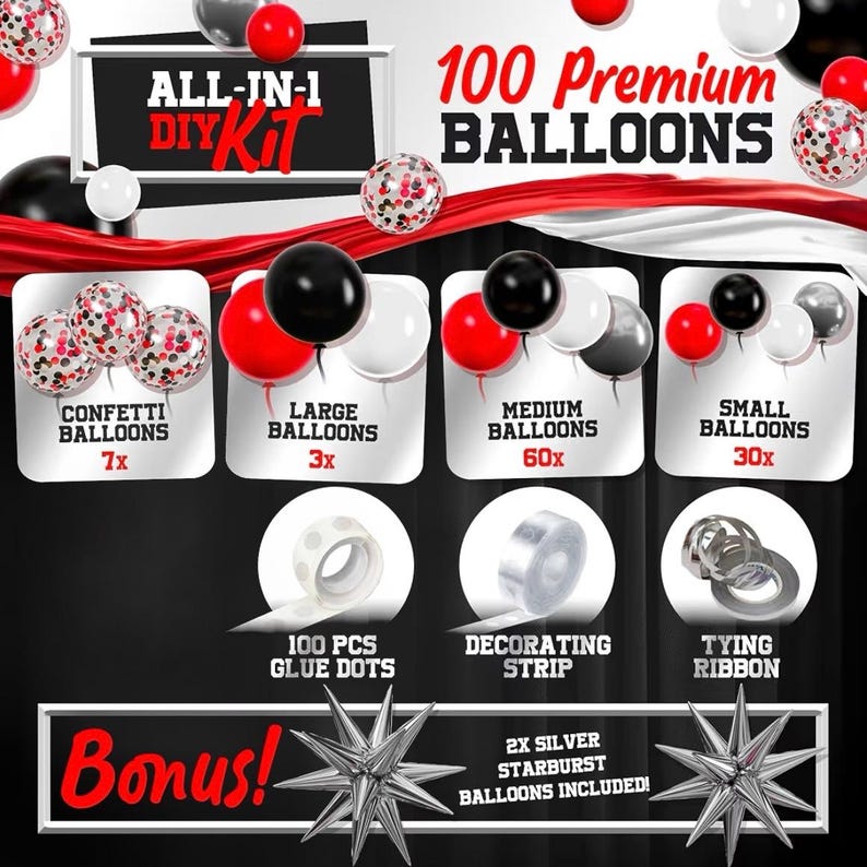 ALL-IN-1 Red Black and White Balloon Arch Kit for Red and Black Birthday Party Decorations – Reds and Blacks Balloons for Graduation ,Prom