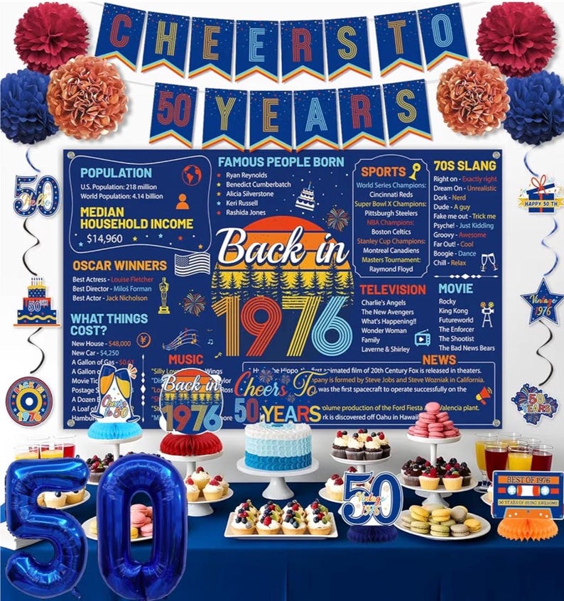 50th Birthday Decorations Men Women, Blue Back in 1976 Poster Cheers To 50 Years Banner Balloons Hanging Swirls Cake Topper, 50 Years Old