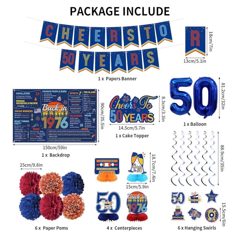 50th Birthday Decorations Men Women, Blue Back in 1976 Poster Cheers To 50 Years Banner Balloons Hanging Swirls Cake Topper, 50 Years Old