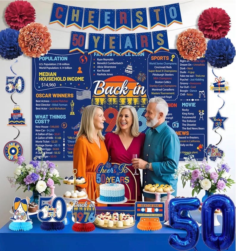 50th Birthday Decorations Men Women, Blue Back in 1976 Poster Cheers To 50 Years Banner Balloons Hanging Swirls Cake Topper, 50 Years Old