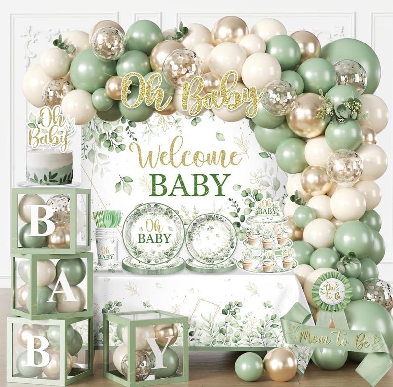 286 Pcs Sage Green Baby Shower Decorations Set-Serves 25 Guests -All-in-One Gender Neutral Party Supplies Kit Includes Balloon Arch,Backdrop