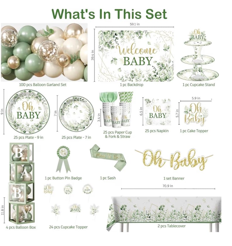 286 Pcs Sage Green Baby Shower Decorations Set-Serves 25 Guests -All-in-One Gender Neutral Party Supplies Kit Includes Balloon Arch,Backdrop