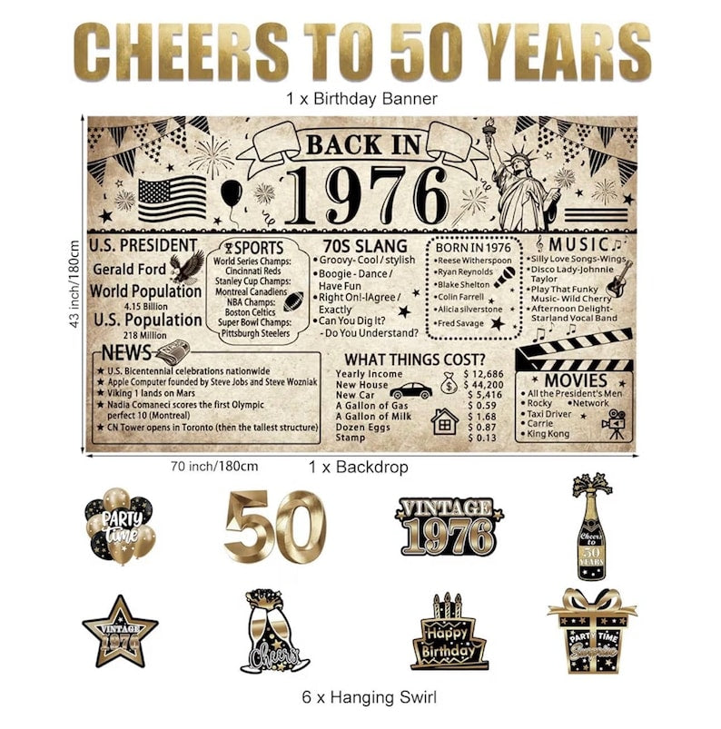 50th Birthday Decorations Back in 1976, Vintage Birthday Backdrop with Banner and Hanging Swirls, 1976 Birthday Party Decorations for 50th