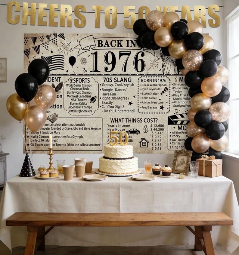 50th Birthday Decorations Back in 1976, Vintage Birthday Backdrop with Banner and Hanging Swirls, 1976 Birthday Party Decorations for 50th