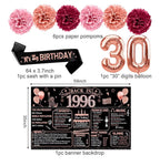 30th Birthday Decorations for Women,21pcs the Year 1996 Banner Balloon Party Supplies, Rose Gold 30 Year Old Birthday Backdrop, 30 Bday Sash