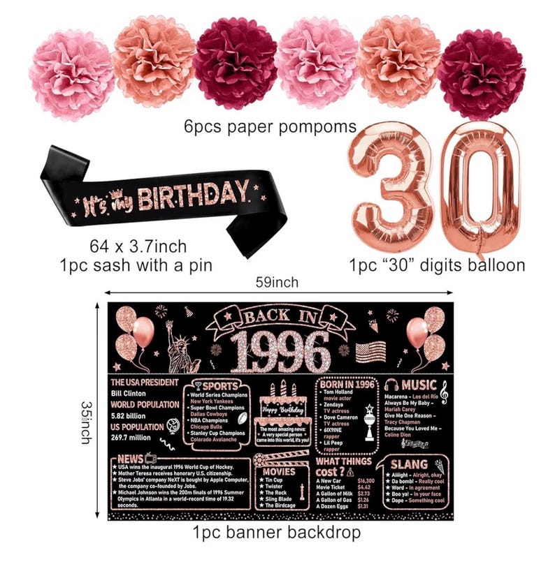 30th Birthday Decorations for Women,21pcs the Year 1996 Banner Balloon Party Supplies, Rose Gold 30 Year Old Birthday Backdrop, 30 Bday Sash