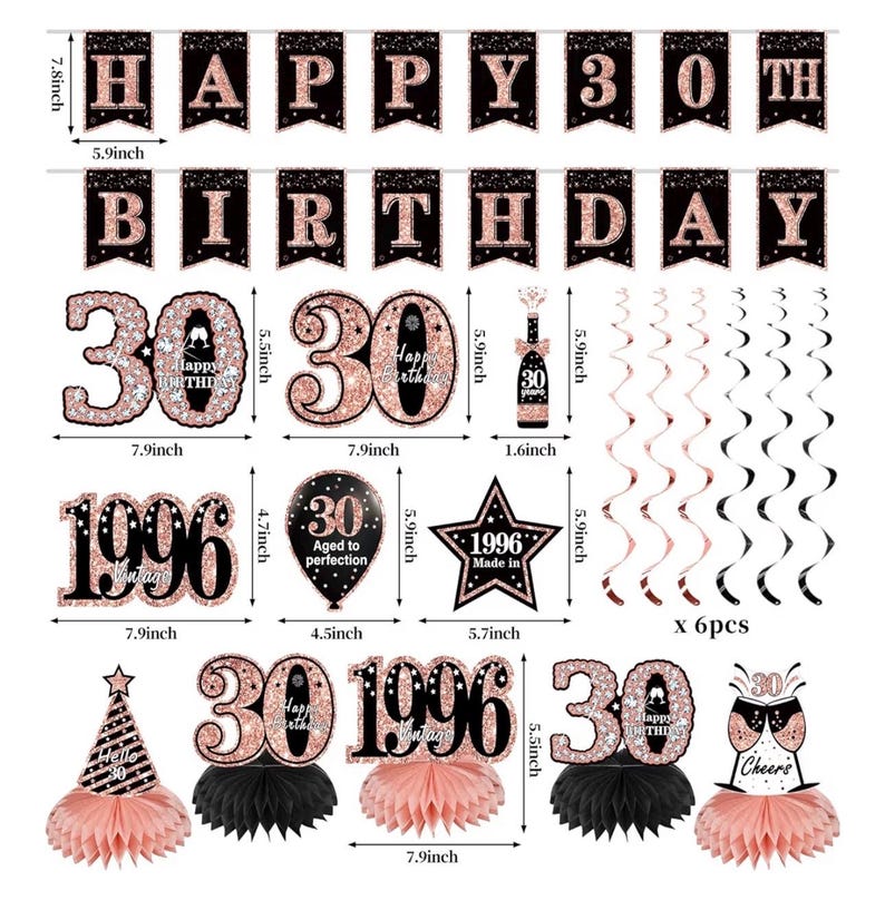 30th Birthday Decorations for Women,21pcs the Year 1996 Banner Balloon Party Supplies, Rose Gold 30 Year Old Birthday Backdrop, 30 Bday Sash