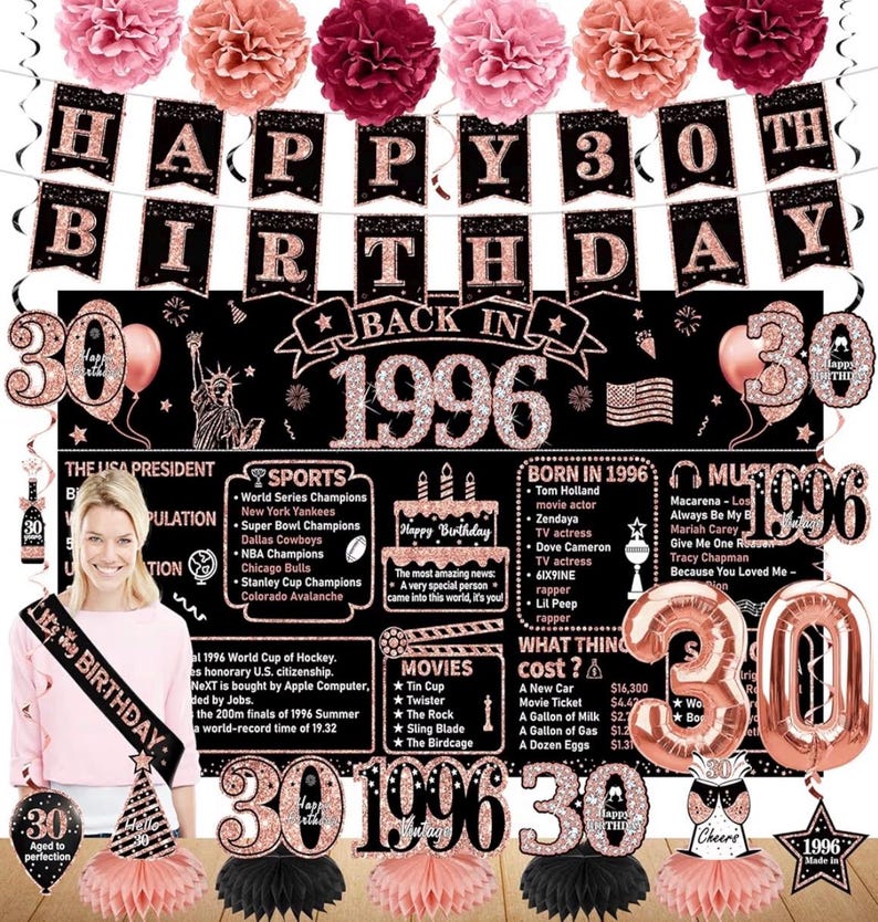 30th Birthday Decorations for Women,21pcs the Year 1996 Banner Balloon Party Supplies, Rose Gold 30 Year Old Birthday Backdrop, 30 Bday Sash