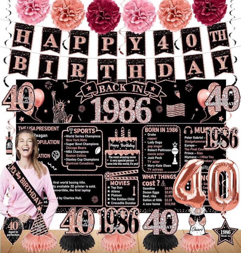 40th Birthday Decorations for Women, 21pcs the Year 1986 Banner Balloon Party Supplies, Rose Gold 40 Year Old Birthday Backdrop,40 Bday Sash