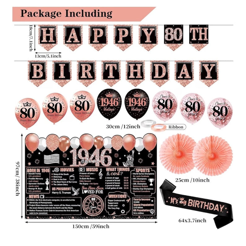 80th Birthday Decorations for Women, 25PCS Black Rose Gold Happy 80th Birthday Banner Vintage 1946 Backdrop Back in 1946 Wooden Table Poster