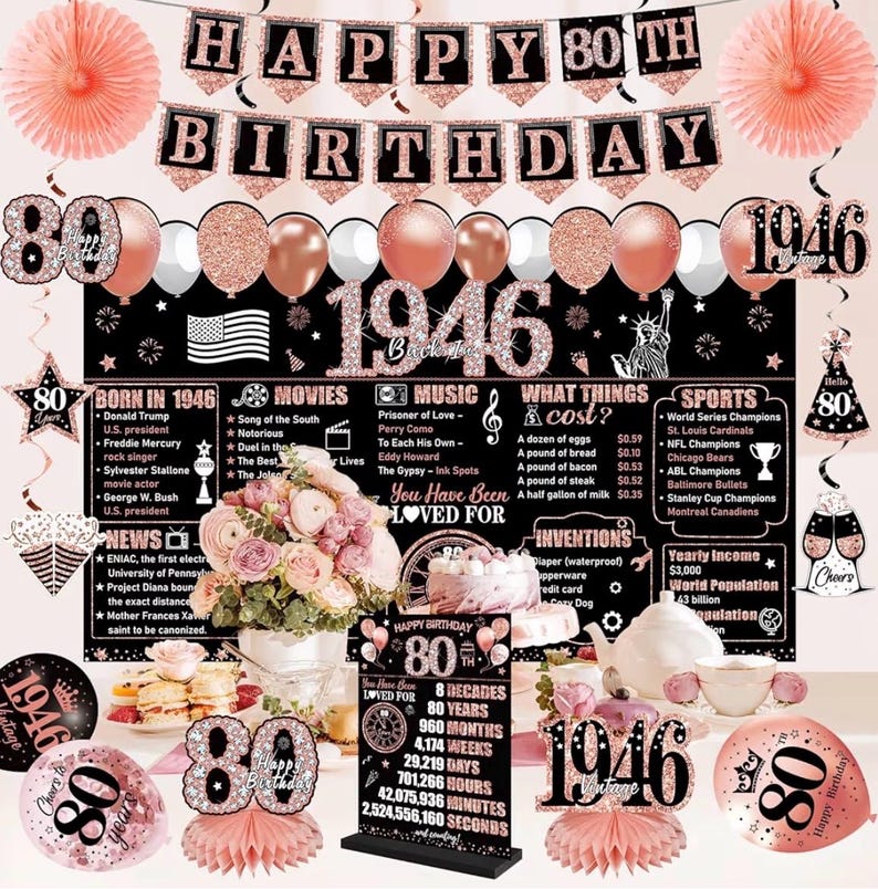 80th Birthday Decorations for Women, 25PCS Black Rose Gold Happy 80th Birthday Banner Vintage 1946 Backdrop Back in 1946 Wooden Table Poster