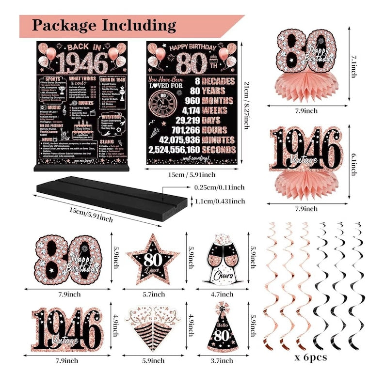80th Birthday Decorations for Women, 25PCS Black Rose Gold Happy 80th Birthday Banner Vintage 1946 Backdrop Back in 1946 Wooden Table Poster
