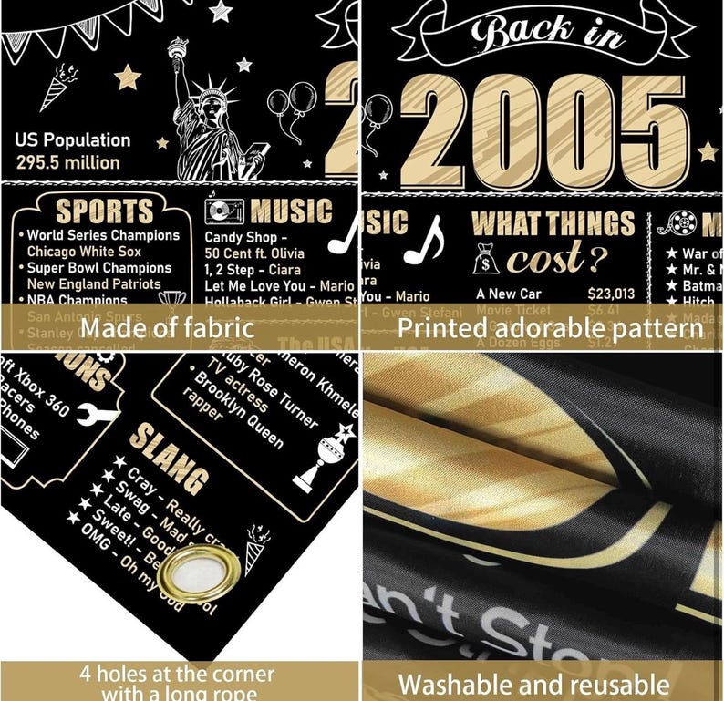 21st Birthday Decorations Back in 2004 Banner Backdrop for Men Women, Black Gold Happy 21st Birthday Sign Poster Party Supplies, Bday Photo