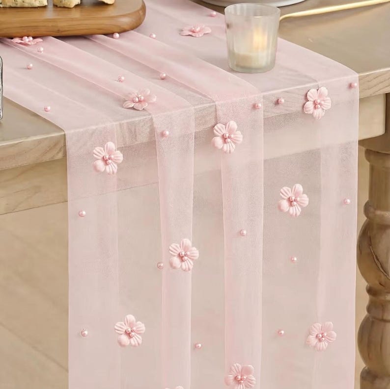 Pink Flower Pearl Pink Gauze Table Runner 10FT, Seasonal Sheer Dining Holiday Wedding Birthday Baby Shower Table Decor for Home Party