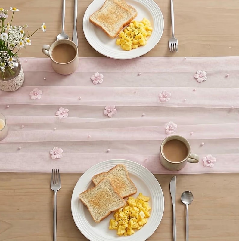 Pink Flower Pearl Pink Gauze Table Runner 10FT, Seasonal Sheer Dining Holiday Wedding Birthday Baby Shower Table Decor for Home Party