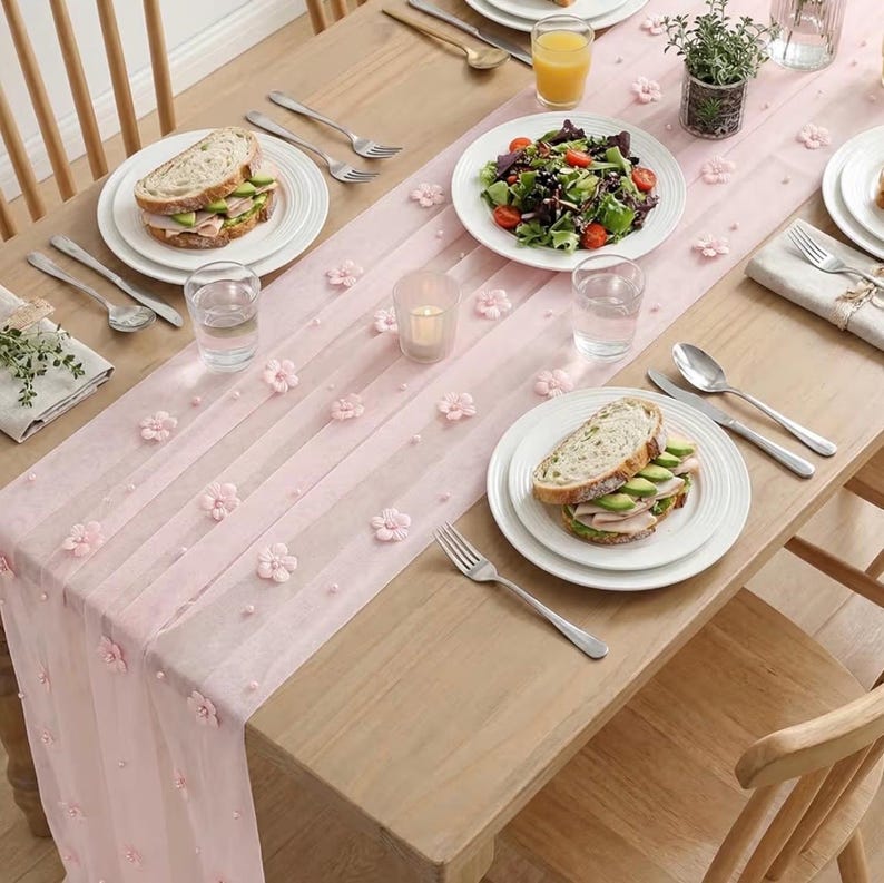 Pink Flower Pearl Pink Gauze Table Runner 10FT, Seasonal Sheer Dining Holiday Wedding Birthday Baby Shower Table Decor for Home Party