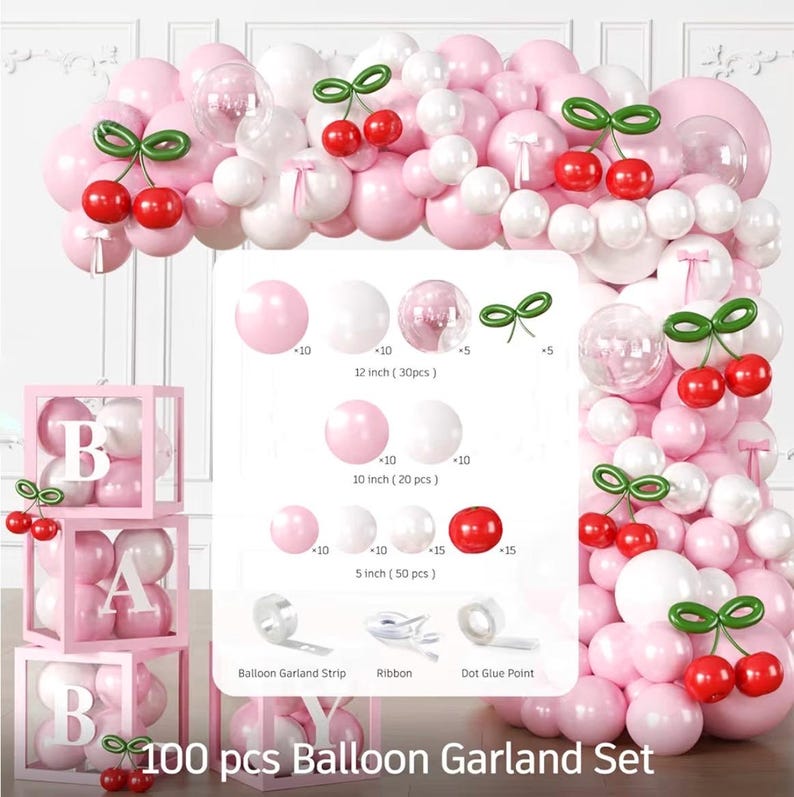 Cherry Baby Shower Party Decorations, Shes the Cherry on Top Baby Shower Decorations Girl, Pink and Red Cherry Balloons Arch, Backdrop