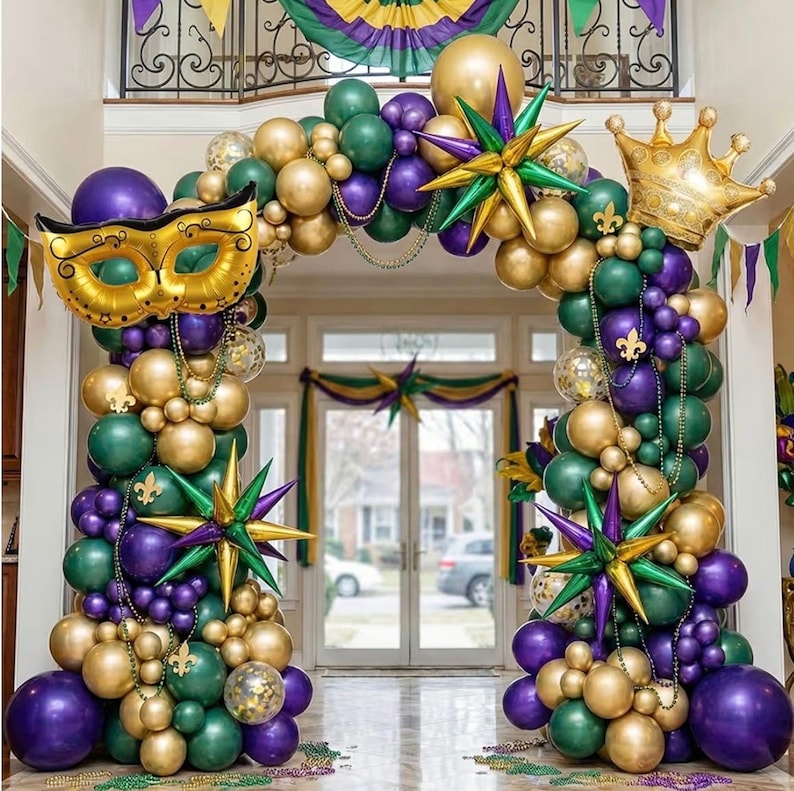 Mardi balloon garland arch kit Purple Emerald green gold with Crown and Mask star mylar Balloons for Grand Fat Tuesday Party Decorations