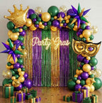 Mardi balloon garland arch kit Purple Emerald green gold with Crown and Mask star mylar Balloons for Grand Fat Tuesday Party Decorations
