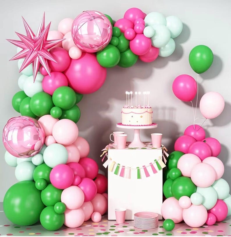Pink Green Balloon Arch Garland Kit with Star Foil Balloons 4D Round Ball Balloons for Woodland Baby Shower Wedding Tropical Safari Birthday