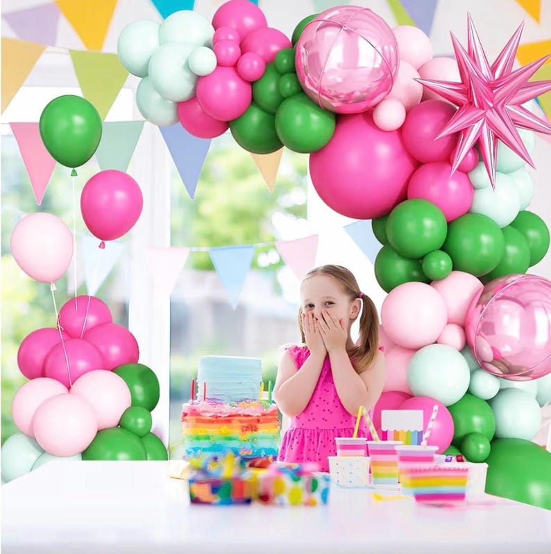 Pink Green Balloon Arch Garland Kit with Star Foil Balloons 4D Round Ball Balloons for Woodland Baby Shower Wedding Tropical Safari Birthday