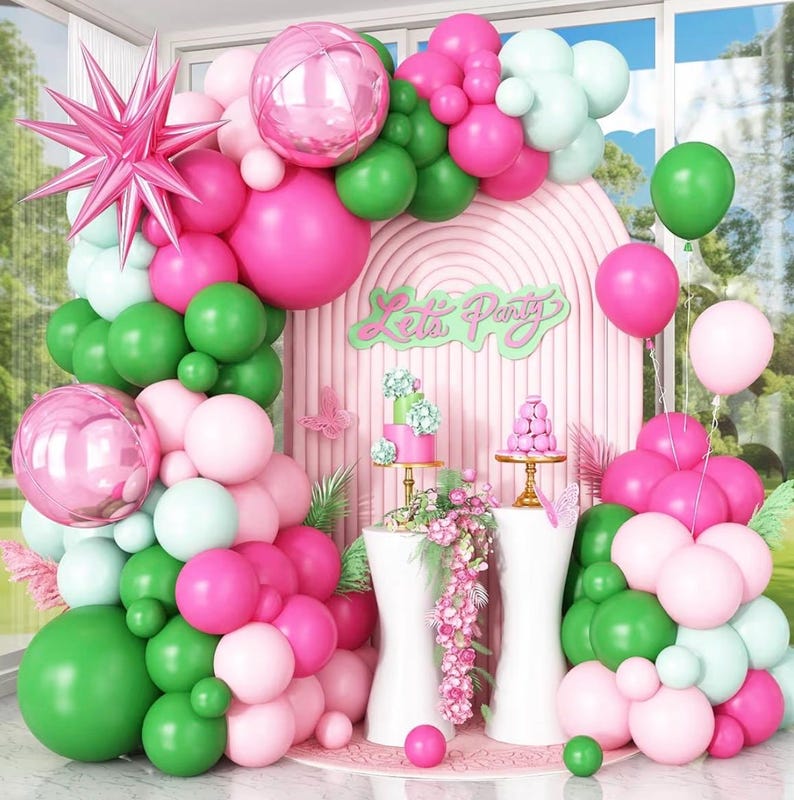 Pink Green Balloon Arch Garland Kit with Star Foil Balloons 4D Round Ball Balloons for Woodland Baby Shower Wedding Tropical Safari Birthday