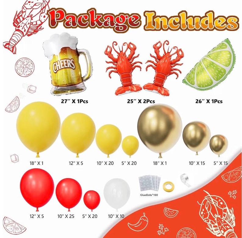 Crawfish Boil Party Supplies, 150pcs Crawfish Balloon Arch Garland Kit with Red Yellow Gold Latex Balloons, Crawfish Beer Lemo Foil Balloons